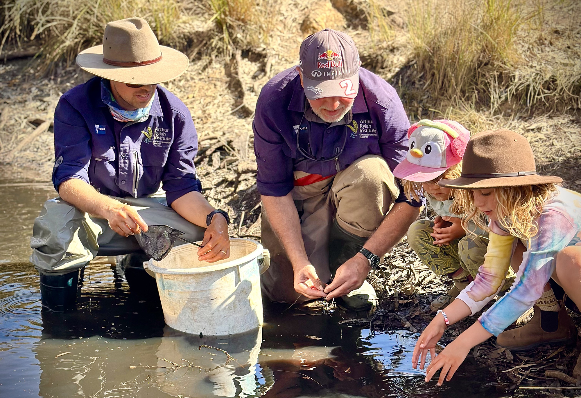 Two men and a young girl and boy releasing fish into a dam with a buckey.